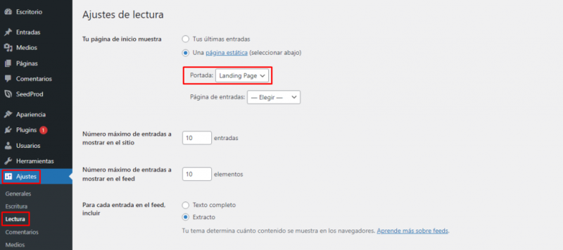 Configurar landing page en wordpress para que aparezca como página de inicio. 